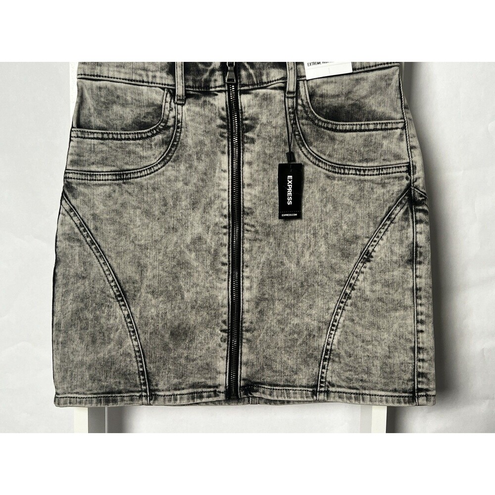 Express Mini Skirt Denim Black Wash Distressed High Rise Stretch Y2K Women 6 NEW - Picture 8 of 15